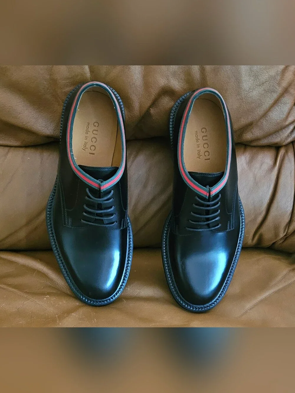 New Men's Gucci Black Leather Bumble Bee Derby Oxford Dress Shoes Size 5